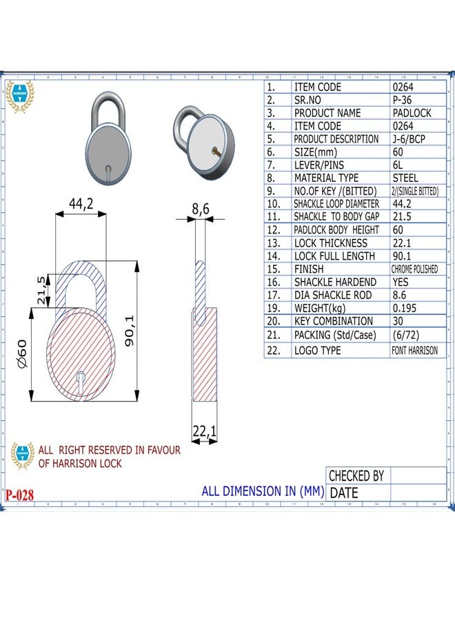 Harrison Padlocks/Round Padlock 60mm 6 Lever with 2 Keys J-6-0264 Pack of 1/Padlock, Padlocks, Locks for Home, Locks for Main Door, gate Lock - Image 4